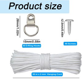 30M x 2mm Picture Hanging Cord, White Strong Nylon Picture Hanging Wire, Picture Frame Hanging String with 30 D-Ring Hooks and 40 Screws