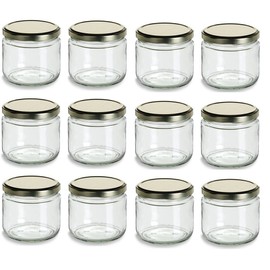 Nakpunar 12 oz Glass Salsa Jars with Gold Lid - Set of 12 - Made in USA (12, Gold)