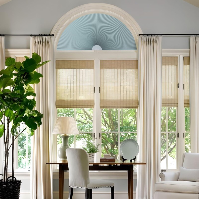 100% Light Blocking Arch Window Shades, Pleated Fabric Half Circle