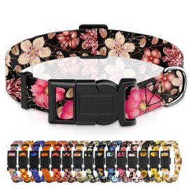 Seyezo Dog Collar for Boys Girls, Floral Puppy Collar for Small Medium Large Dogs, Adjustable Soft Floral Pattern Pet Collar with Safety Buckle for Male Females(Red Floral,L)