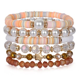 Bohemian Beaded Bracelets for Women Stackable Clay Beads Pearl Bracelets Set Colorful Stretch Elastic Glass Beads Layering Heishi Surfer Friendship Bracelets Summer Beach Boho Ocean Jewelry Gift