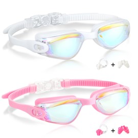 Aegend Kids Swim Goggles, Pack of 2 Swimming Goggles for Children Boys & Girls Age 3-14, White & Crisp-pink