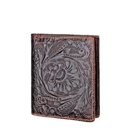 AurexaFashion Genuine Real Leather Short Bifold Wallet for Men, RFID Blocking 3D Floral Print Retro Vintage Embossed Clutch Purse. Vertical Peony Floral Coffee