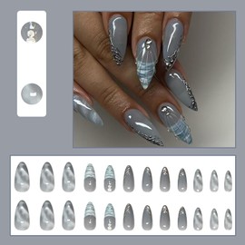 Blue Press on Nails Almond Shape Fake Nails Medium Nails Press ons Rhinestone Nail Charms Glue on Nails 3D Shell Shape Stick on Nails Full Cover Acrylic Nails for Women Girls Nail Art Decor 24 Pcs