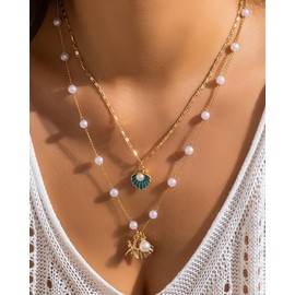 Seashell Starfish Necklace for Women Gold Shell Starfish Pendant Necklace Adjustable Beach Charm Choker 14k Gold Plated Pearl Neck Chain Summer Vacation Jewelry Outfits