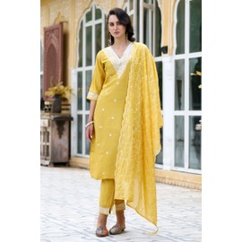 VredeVogel Women's Silk Blend Kurta Pant Set with Chanderi Embroidery Work Dupatta (Yellow_Medium)