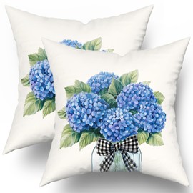 Uynfident Hydrangea Throw Pillow Cover 18x18inch Set of 2 Spring Blue Floral Mason Jar Pillowcase Natural Flower Plant Farmhouse Cotton Cushion Case for Sofa Couch Home Patio