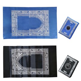 Times Mark 2 Pieces Muslim Prayer Carpet, Travel Prayer Mat Rug Portable Islamic Pocket Travel Foldable with Compass Praying Rug for Ramadan Gifts, 60 x 100cm Prayer Rug, Black and Blue