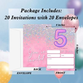Gsauto Birthday Invitations Girl, 20 Pink and Glitter Invitation Cards with Envelopes, Rainbow Foil 5th Invites for Party Decorations Favor Supplies - C05