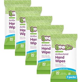 Boogie Boogie Antibacterial Hand Wipes by Boogie, Alcohol Free, Hypoallergenic and Moisturizing Aloe, Hand Wipes for Kids and Adults -100 Total Wipes (5 Packs of 20)