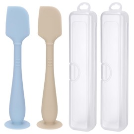 2 Pack Diaper Cream Spatula with Hygienic Travel Case, Butt Spatula Baby with Suction Base, Baby Butt Paste Spatula, Soft Silicone Diaper Rash Cream Applicator Large Size (Blue & Offwhite)