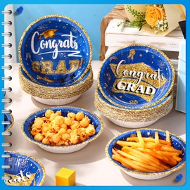 Ziliny 30 Pcs 16 oz Graduation Party Supplies Congrats Grad Disposable Paper Bowls Bulk Class of 2025 Soup Serving Bowl for Cold and Hot Food Salad Cereal Snack Dinner Decoration, 2 Styles (Blue)