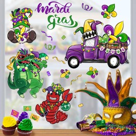 Mfault 98 PCS Mardi Gras Window Clings 4 Sheets, Purple Fleur De Lis Gnome Lobster Alligator Truck Wall Stickers Decals Decorations, New Orleans Carnival Holiday Living Room Home Kitchen Decor