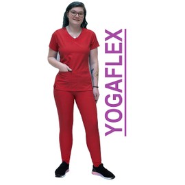 ANGIE UNIFORMS YOGAFLEX Jogger Scrubs for Women Set. Regular and PETITE. Side Spandex 2 Pockets Top with Yoga Waist Joggers. A410 (RED, M)