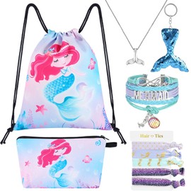 WAWSAM 10 PCS Mermaid Drawstring Backpack Set - Little Mermaid Gifts for Girls Drawstring Bag Cosmetic Bag Keychain Bracelet Necklace Hair Ties Birthday Gifts for Kids Girls Gym Bag