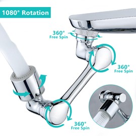 1080°Swivel Faucet Extender, Sink Water Faucet Aerator Extension in Brass, Swivel Robotic Arm Bathroom Faucet Extender, Kitchen Rotating Extension Filter with 2 Mode Splash