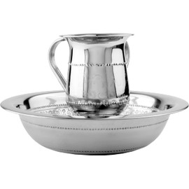 Stainless Steel Netilat Yadayim Set – Medium 5.5” Floral Pattern, Dual Handle Cup with Matching Bowl - Rust, Break and Crack Proof Negel Vasser Set - Judaica Gift Collection by The Kosher Cook