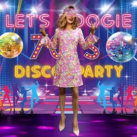 MRYUWB - Vestido disco de 70s, Disfraces para mujeres, collar, aretes, gafas, trajes de cumpleaños de los 60's y 70's, vestido de fiesta, M, rosa