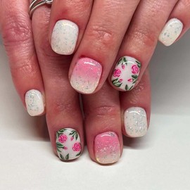 Short Press on Nails Glitter Square Fake Nails Spring Pink Flower False Nails Glue on Nails Glossy Pink White Gradient Acrylic Nails Summer Rose Floral Designs Short Nails 24Pcs Nails Press ons