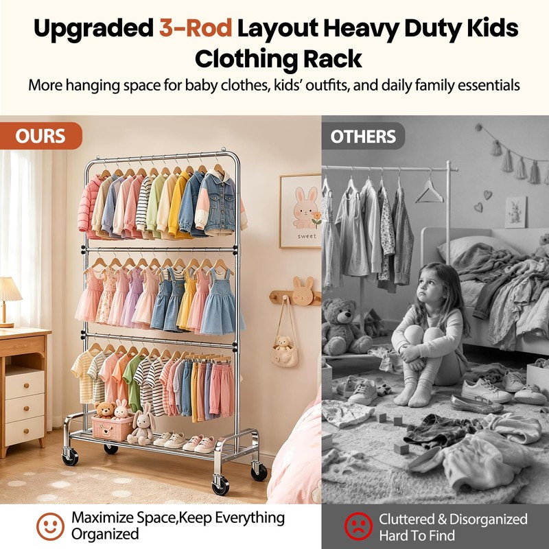Heavy Duty Kids Clothing Rack Rolling Large Storage Capacity Dress