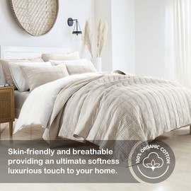 HORIMOTE HOME 100% Cotton Quilt King Size Beige Bedspread, Pre-Washed 3-Piece Cozy Lightweight Stitching Decorative Bedding Cover Coverlet Set with 2 Shams in Geometric Pattern for All Season