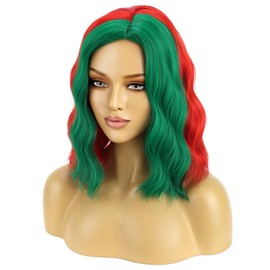 Christmas Short Curly Wavy Wig for Women Girls Red and Green Side Part Costume Heat Resistant Synthetic Wig for Cosplay Party or Daily