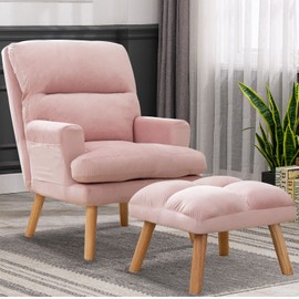 CANMOV Modern Accent Chair with Ottoman, Soft Fabric Armchair with Adjustable Backrest and Side Pockets, Comfy Lounge Chair for Living Room, Bedroom, Apartment, Office, Pink