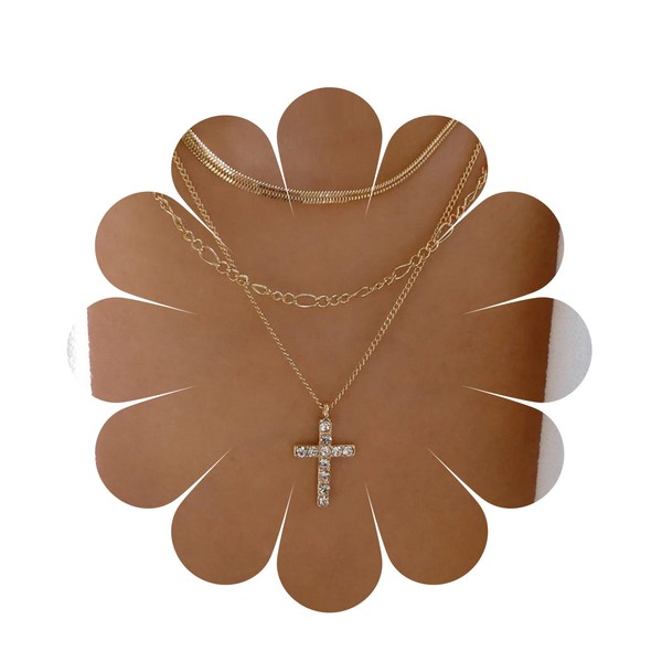 Inilbran Boho Layered Crystal Cross Choker Necklace Vintage CZ Cross