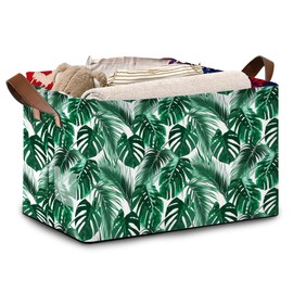 Palm Banana Leaf Rectangular Storage Basket,Collapsible Fabric Storage Container with Leather Handle Metal frames Storage Box for Clothes Storage Home,Closets,Bedrooms and Gifts Baskets,1PCS