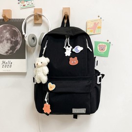 LUNA PARK Mochilas para Laptop con Pines y Colgante Mochilas Kawaii Coreana Gran Capacidad, Mochilas Casuales Mochila, Mochila de Viaje para Mujeres Negro