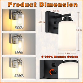 Loyareal Wall Sconces with Switch Set of Two, Bedside Wall Lamps for Bedroom, Modern Bathroom Light Fixtures with Milk Glass Shade, Black Sconces Wall Lights for Hallway, Living Room, Kitchen