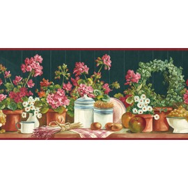 CONCORD WALLCOVERINGS ™ Wallpaper Border Country Pattern Flowers Tableware Apples Grapes Eggs for Cottage Kitchen Dining Room, Green Red Brown Pink, 10 Inches by 15 Feet BB101904