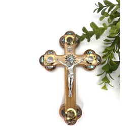 Holy Land Crafts Crucifix Wall Cross, 7 inch Olive Wood Cross with Relics and Mother of Pearl, Catholic Crucifix for Wall, Cross for Living Room Decor Entryway, Cross Gift (7 Inch Crucifix)