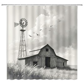 MUENKKCS Western Barn Windmill Shower Curtain Rustic Farmhouse Wild Weeds Bird Retro Grey Farm Country Natural Cute Minimalist Aesthetic Bathroom Decor Polyester Curtains with Hooks,70Wx70L