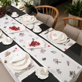 Table Runner in Pure Linen with Hand-Drawn Watercolor Festive Holiday Easter Design, Available in 36, 60, 90, 120, and 144 Inches for Holiday Tablesetting, Machine Washable (14" x 60", Floral)