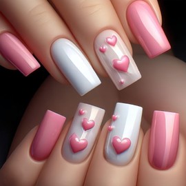 Valentine Press on Nails Pink White Fake Nails Long Coffin False Nails Heart Press on Nails with Solid Color Design Glue on Nails Full Cover Glossy Acrylic Nails Stick on Nails for Women Girls 24 Pcs