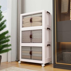 Luxdecor Tall Plastic Storage Cabinet with lids-252QT Plastic Storage bins with Clear Doors,3-Tier Stackable Storage Bins on Wheels, Foldable Closet Organizer and Storage Cabinet Home&Kitchen, White