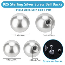 Beebeecraft 3~4mm Screw Ball Backings 925 Sterling Silver Round Ball Earring Stoppers Post Studs for Earring Piercing Supply Findings