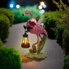 Solar Powered Pink Flamingo Garden Sculpture with Gnomes, Handcrafted Resin