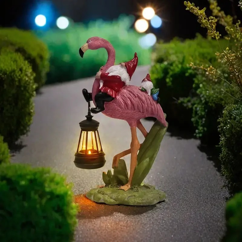 Solar Powered Pink Flamingo Garden Sculpture with Gnomes, Handcrafted Resin