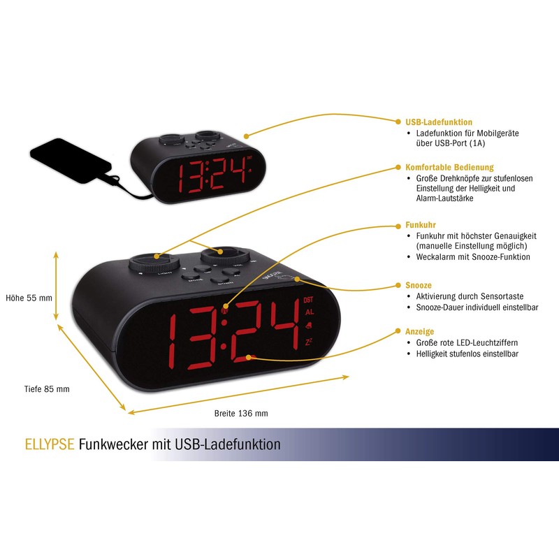 TFA Dostmann Ellypse Digitaler Funk-Wecker, mit USB-Ladefunktion, 60.2551.01, LED-Leuchtziffern, 15,2