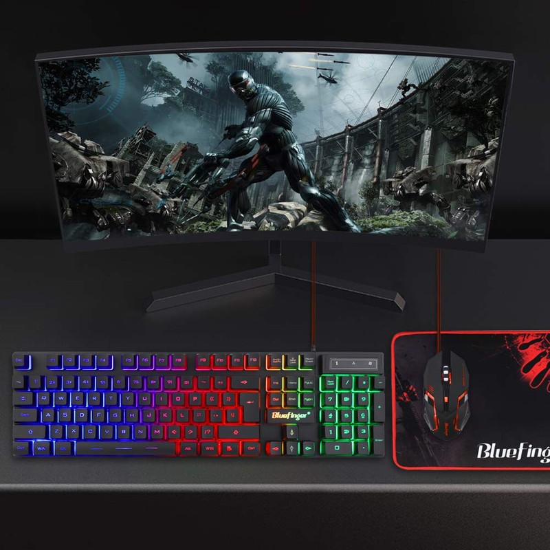 BlueFinger RGB Gaming Keyboard and Backlit Mouse Combo, USB Wired,