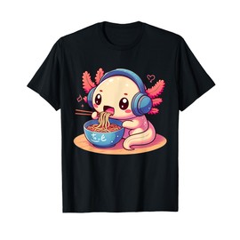 Anime Kawaii Axolotl Eating Ramen Noodles Kids Teen Girl Boy T-Shirt, Small, Black