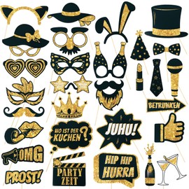 Pack of 30 Party Photo Booth Props German Photo Booth Props Photo Box Accessories with Hat Lipstick Tie Crowns for Birthday Wedding Graduation Christmas New Year's Eve JGA Party Accessories