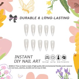 Press on Nails Long Stiletto MABKJLF French Tip Fake Nails Sliver Flash Full Cover Glue on Nails Glitter Glossy False Nails with Nail Glue Acrylic Nails Artificial Nails for Women Girls 24 Pcs