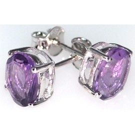 Sterling Silver Amethyst stud Earrings, Rhodium plated 925 Silver Oval Purple Solitaires, 9X7mm Gems
