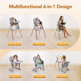 CoziBB Baby High Chair, 6 in 1 Convertible Growing Baby Highchairs for Babies and Toddlers, Baby Chair with Adjustable Dining Tray and Seat, 5-Point Safety Belt, Grey