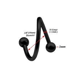 bodyjewellery 6pcs 16g spiral piercing Black AnodizedCartilage Earring Lip Tragus Eyebrow Hoop Helix Twisted Bar Studs ACVU ball 10mm