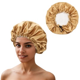 QIUTIMIY Satin Bonnet Sleep Cap, Adjustable for Curly Hair, Sleep Cap, Soft Head Cap with Elastic Band for Women and Girls, Gold and Beige