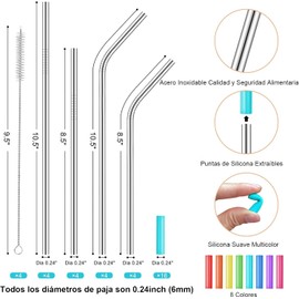 Popotes de acero inoxidable, Set de 16 piezas Pajillas Reutilizables de Mental con Puntas de Silicón, 4 Cepillitos para limpiar y Bolsita para Guardarlos, Popotes metálicos para vasos de 20 24 30 oz
